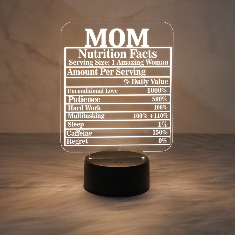 Mom Nutrition Facts Engraved Night Lamp with Warm White Light with On/Off Touch Button | Gift for Mom | Desk Table Lamp |